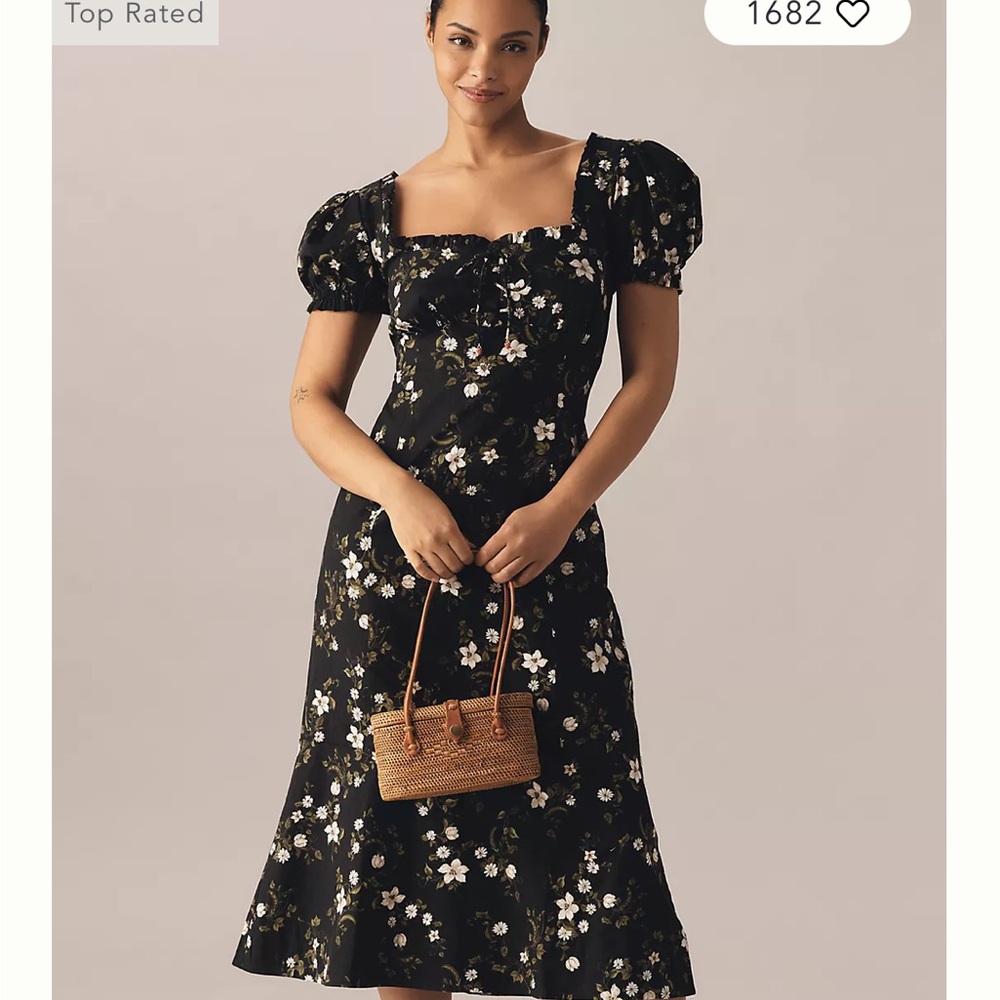 MAEVE LINEN BLEND PUFF-SLEEVE SWEETHEART MIDI DRESS NWT